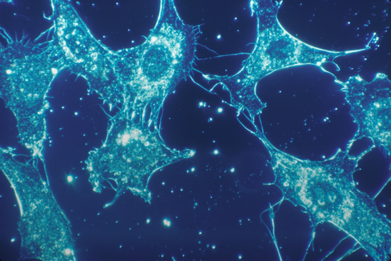 Fluorescent blue cells with irregular shapes against a dark background — Foto por National Cancer Institute na Unsplash