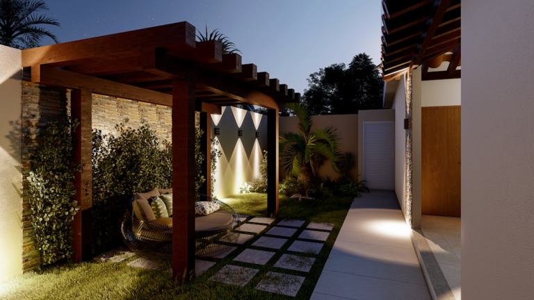 A night time view of a backyard with a pergolated pergolated area — Foto por WILLIAN REIS na Unsplash